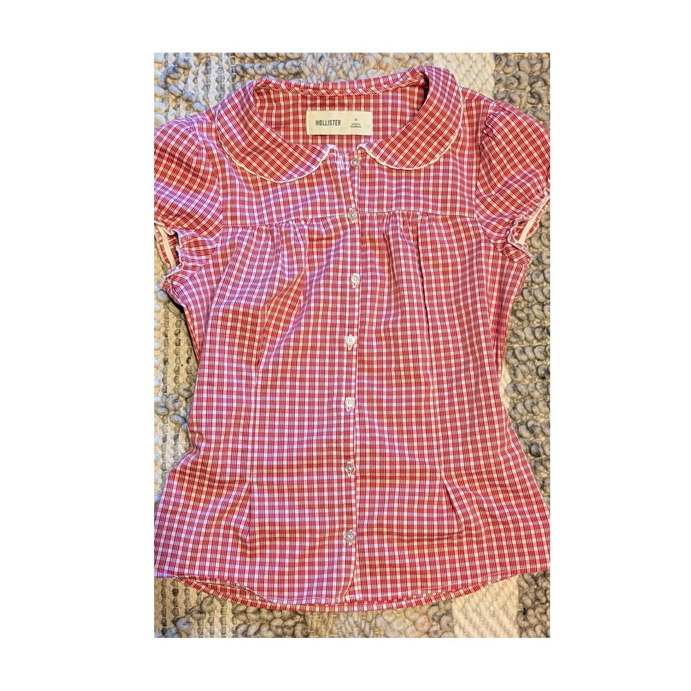 Hollister Red Gingham Peter Pan Collar Button Down Top Medium preppy y2k prairie